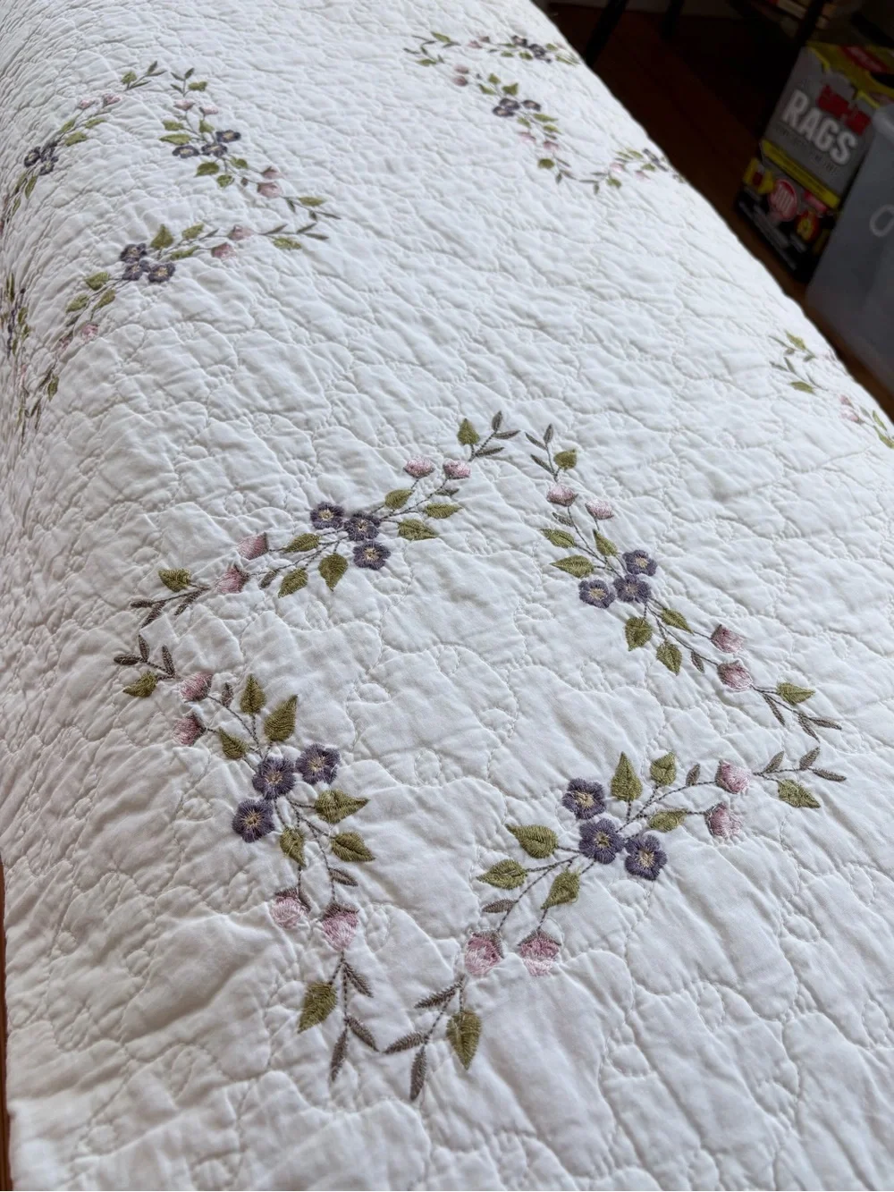 White 100% Cotton Quilt with Embroidered Lavender Floral Accents Size Queen